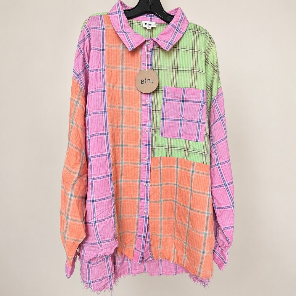 BiBi 1XL Pastel Plaid Patchwork Oversized Button Down Raw Hem Cotton Shirt NWT